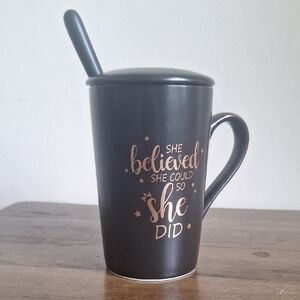 Black Ceramic 12z Mug With A Spoon And Lid